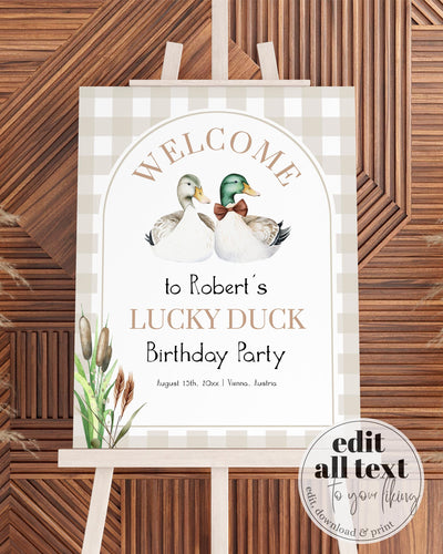 Lucky Duck Welcome Sign, Mallard Duck First Birthday Decorations Sign, Duck Hunting Theme Party Decor, Boys Duck Baby Shower Template #068 - TheLovebirdsDesign