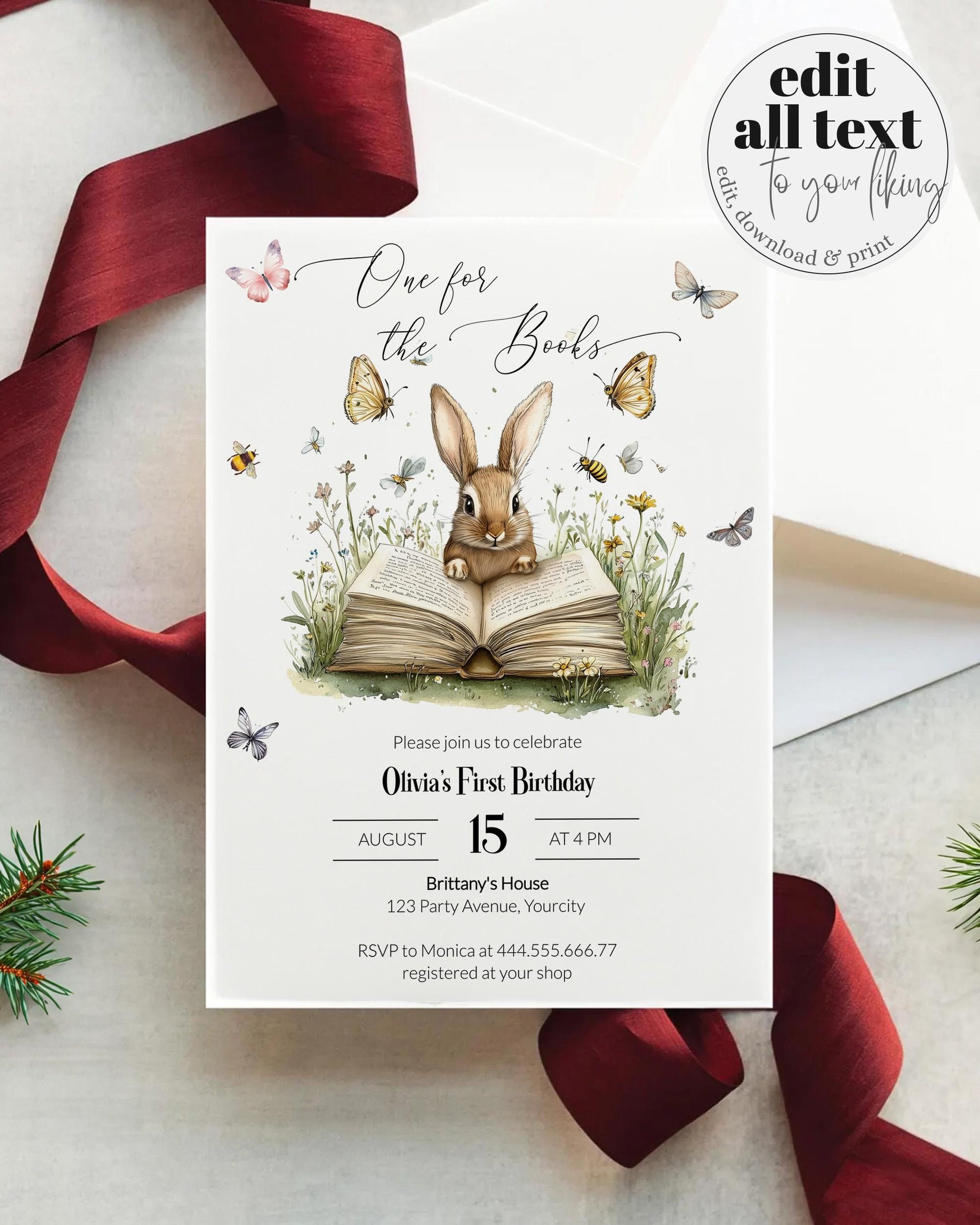 A New Chapter Begins Rabbit Baby Shower Invitation, Gender Neutral Bunny Storybook Baby Shower Invite, Butterfly Themed Party Template #068 - TheLovebirdsDesign