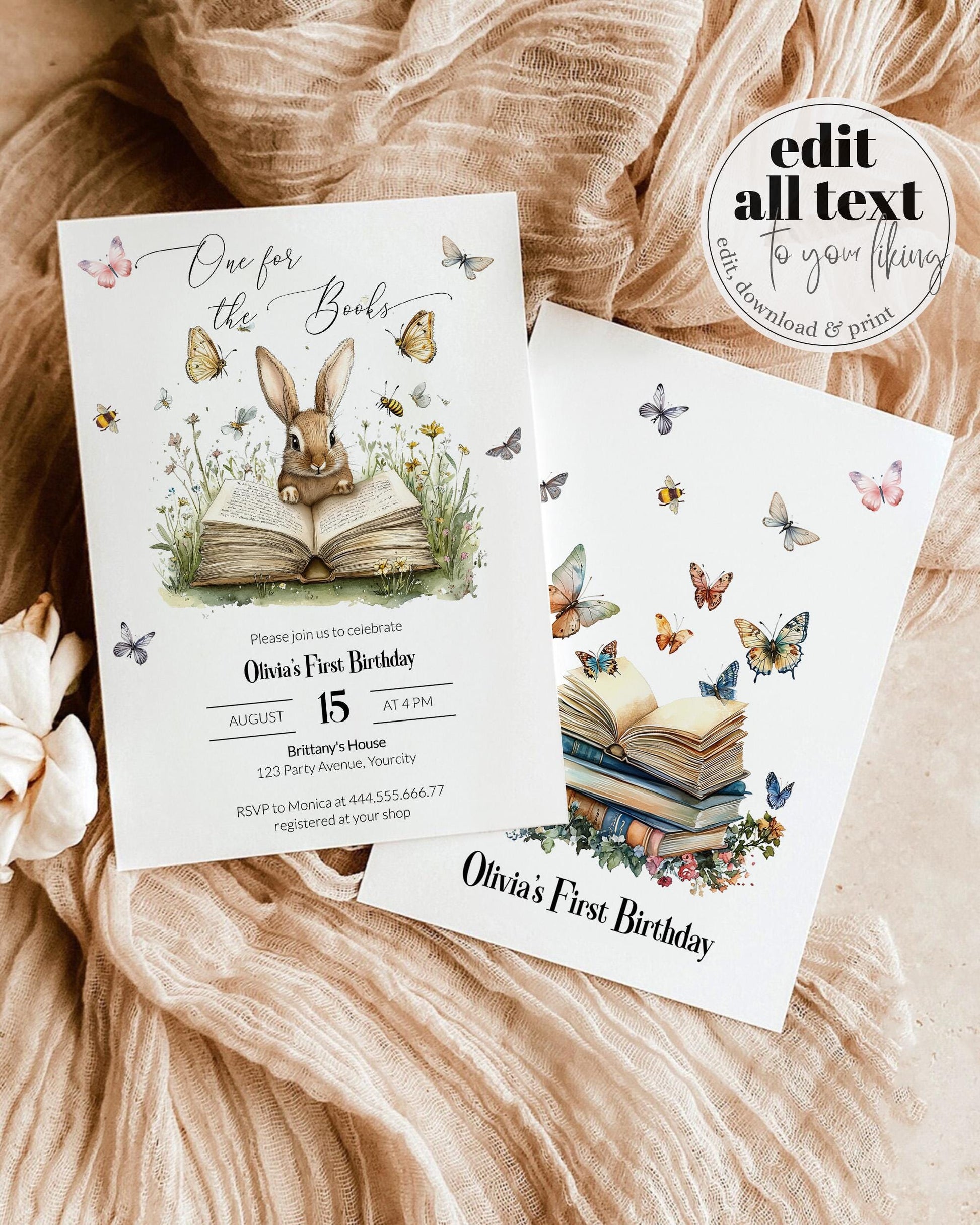 A New Chapter Begins Rabbit Baby Shower Invitation, Gender Neutral Bunny Storybook Baby Shower Invite, Butterfly Themed Party Template #068 - TheLovebirdsDesign