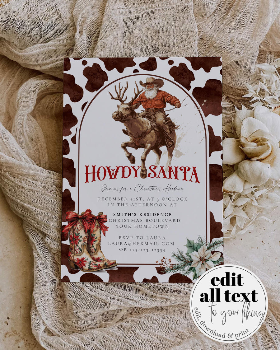 Howdy Santa Christmas Party Invitation, Western Reindeer Holiday Invite Rustic Cow Print Template #070 - marryful.org