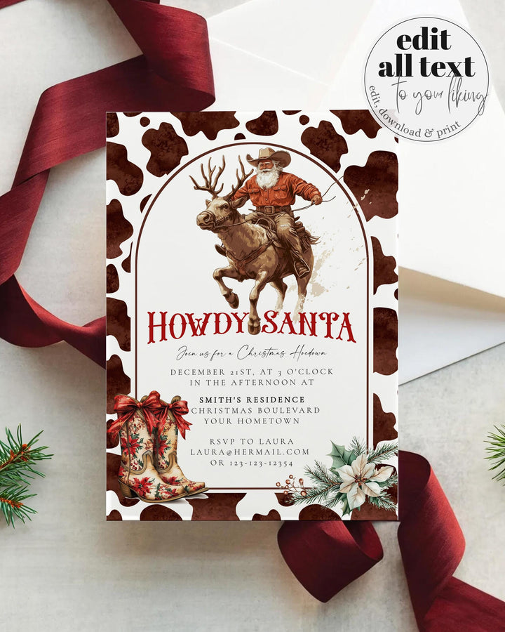 Santa Reindeer Rodeo Western Christmas Party Invitation, Barn Holiday Hoedown Cowboy Christmas Party Invite Template #070 - TheLovebirdsDesign