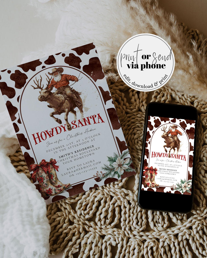 Santa Reindeer Rodeo Western Christmas Party Invitation, Barn Holiday Hoedown Cowboy Christmas Party Invite Template #070 - TheLovebirdsDesign