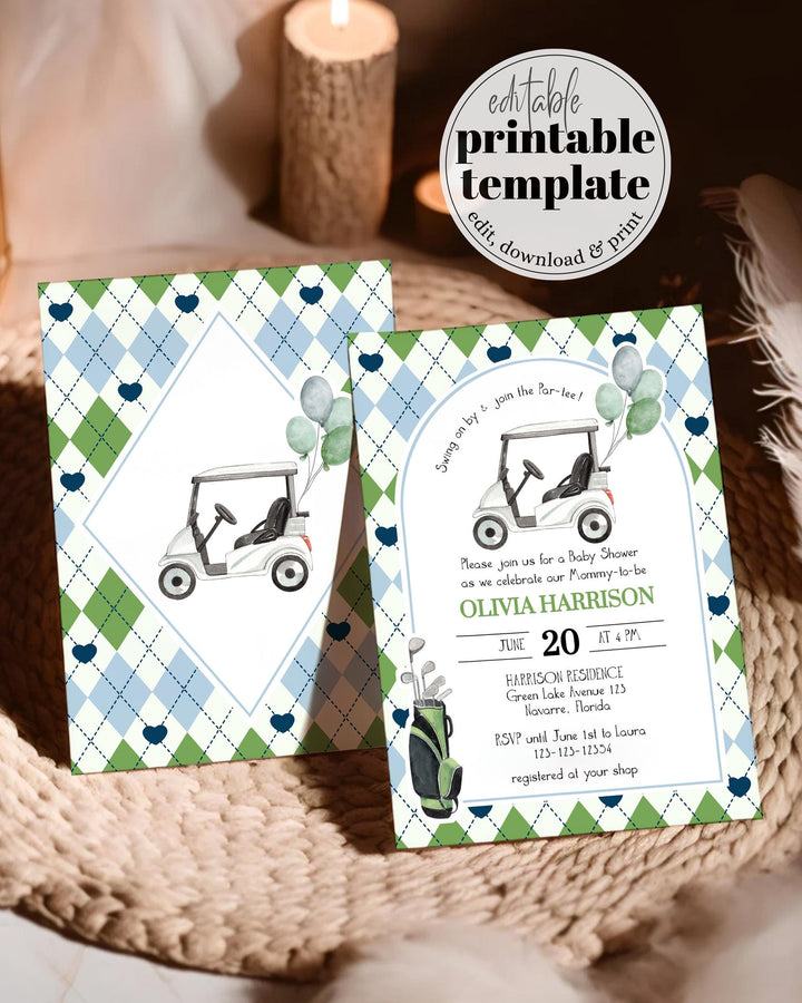 Boy Golf Baby Shower Invite Pack, Golfing Baby Shower Invitation Template, Par-Tee Hole in one Golf theme Coquette Printable Template #068 - TheLovebirdsDesign