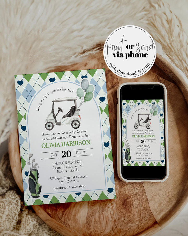 Boy Golf Baby Shower Invite Pack, Golfing Baby Shower Invitation Template, Par-Tee Hole in one Golf theme Coquette Printable Template #068 - TheLovebirdsDesign