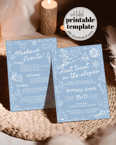 Last Toast on Slopes Winter Apres Ski Bachelorette Invitation Hen Do Itinerary, Snow Party Handwritten Social Club Invite Template #072 - TheLovebirdsDesign