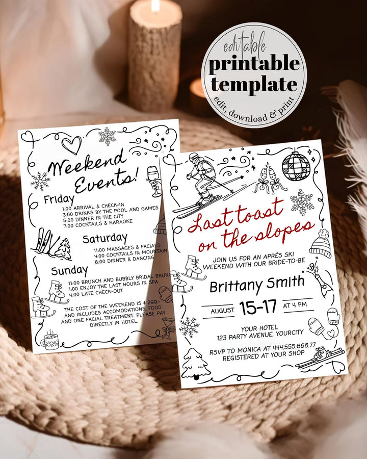 Apres Ski Winter Bachelorette Itinerary, Handwritten Bridal Shower Invitation, Mountain Ski Party Social Club Invite Download Template #070 - TheLovebirdsDesign