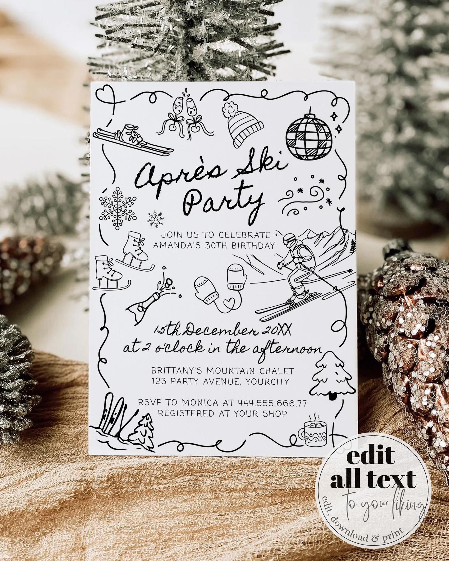 Winter Apres Ski Birthday Invitation, Handwritten Adult 30th Birthday Invite Template, Mountain Ski Party Social Club Invite Template #070 - TheLovebirdsDesign