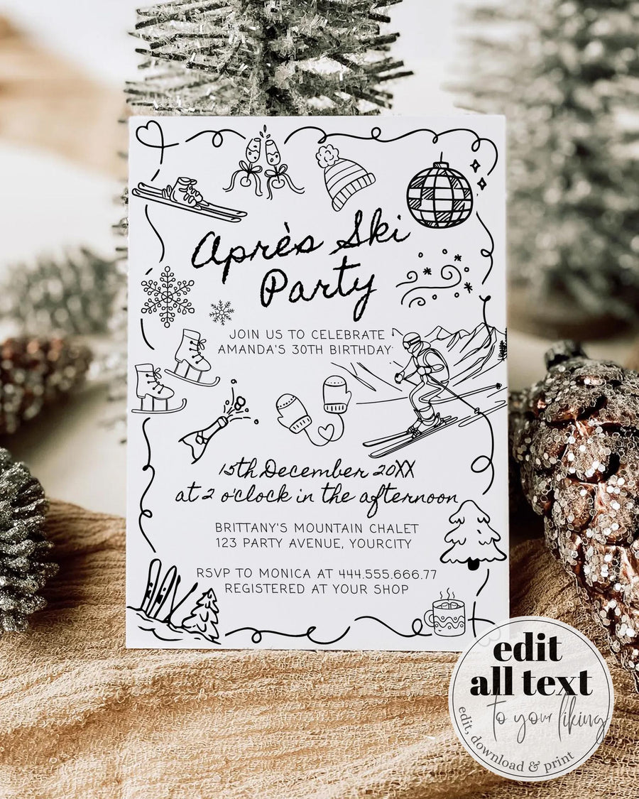 Snow Birthday Invitation, Handwritten Après Ski Party Printable with Funky Doodle Style #070 - marryful.org