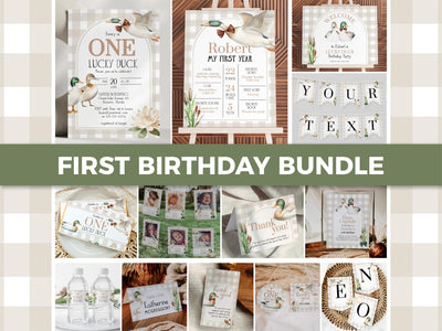ONE Lucky Duck First Birthday Invitation Bundle, Lucky Duck Themed Birthday Decor, Gender Neutral Duck Party Invite Printable Template #068 - TheLovebirdsDesign