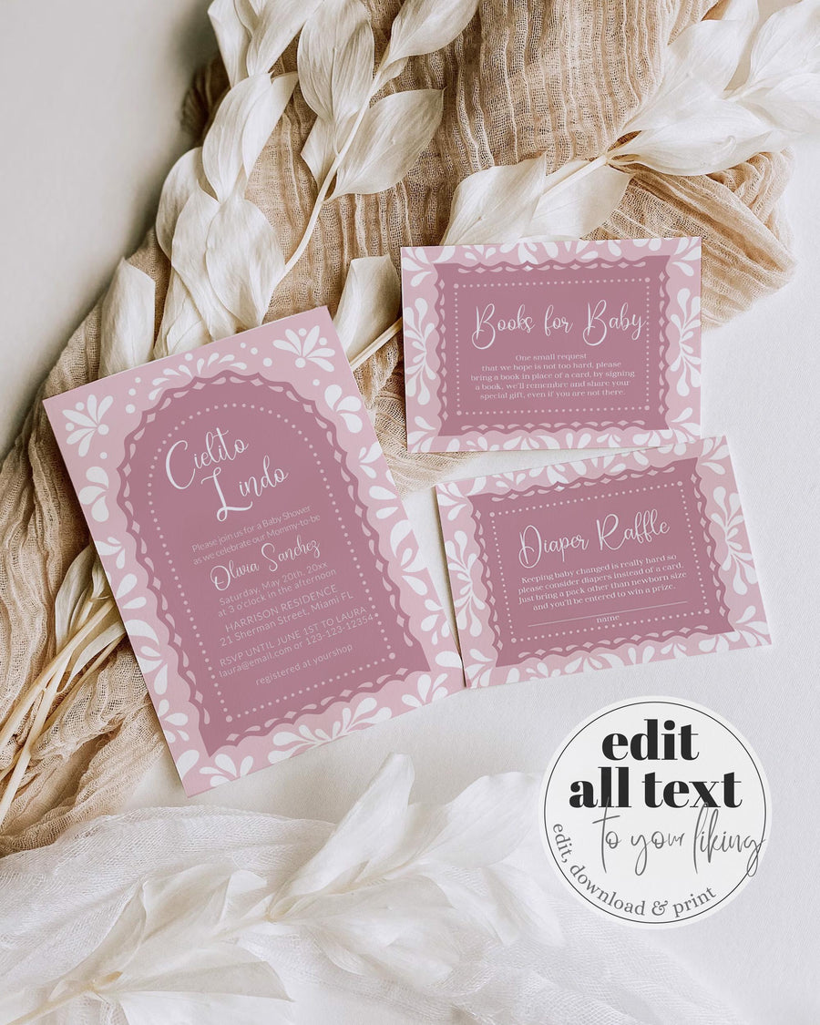 Cielito Lindo Baby Shower Invitation Template, Pink Mexican Talavera Papel Picado Girl Shower 001CL-BSINV-PI - marryful.org