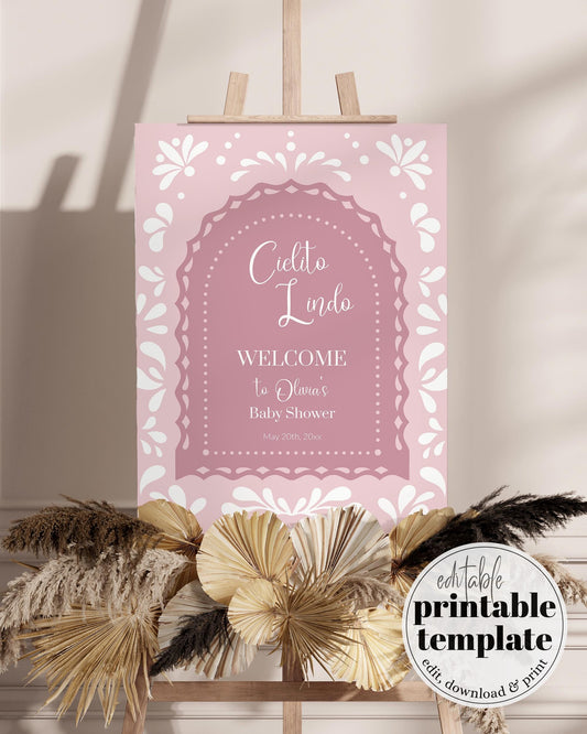 Cielito Lindo Welcome Sign Girls Baby Shower, Editable Mexican themed Baby Shower Decorations, White Talavera Papel Picado Template #067 - TheLovebirdsDesign