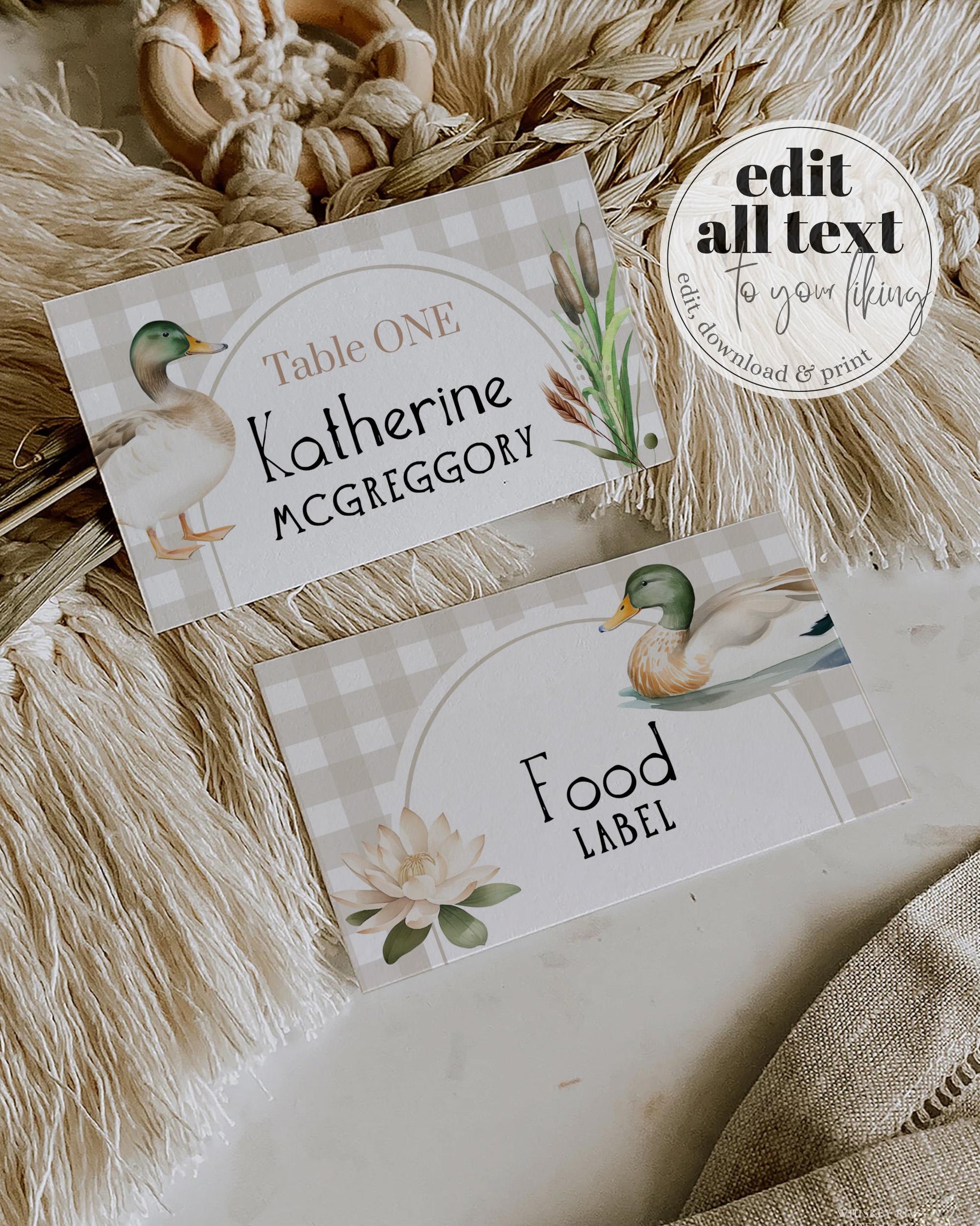 One Lucky Duck Place Cards for First Birthday, Boys Mallard Duck Hunt Food Labels Decor Printable Template #068 - TheLovebirdsDesign