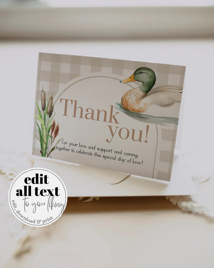 One Lucky Duck Thank you Card for First Birthday, Boys Mallard Duck Hunt Thank You Note Decorations Printable Template #068 - TheLovebirdsDesign