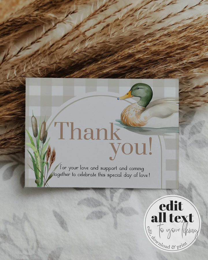 One Lucky Duck Thank you Card for First Birthday, Boys Mallard Duck Hunt Thank You Note Decorations Printable Template #068 - TheLovebirdsDesign