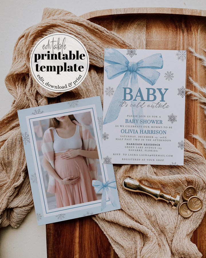 Blue Silver Bow Baby It's Cold Outside Baby Shower Invitation Snowfall Winter Wonderland Christmas Holiday Snowflake Boy Invite Template#072 - TheLovebirdsDesign