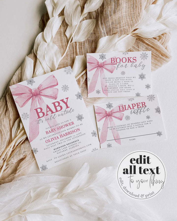 Pink Bow Baby It's Cold Outside Baby Shower Invitation Christmas Holiday Snowflake Snowfall Winter Wonderland Shower Invite Template #072 - TheLovebirdsDesign