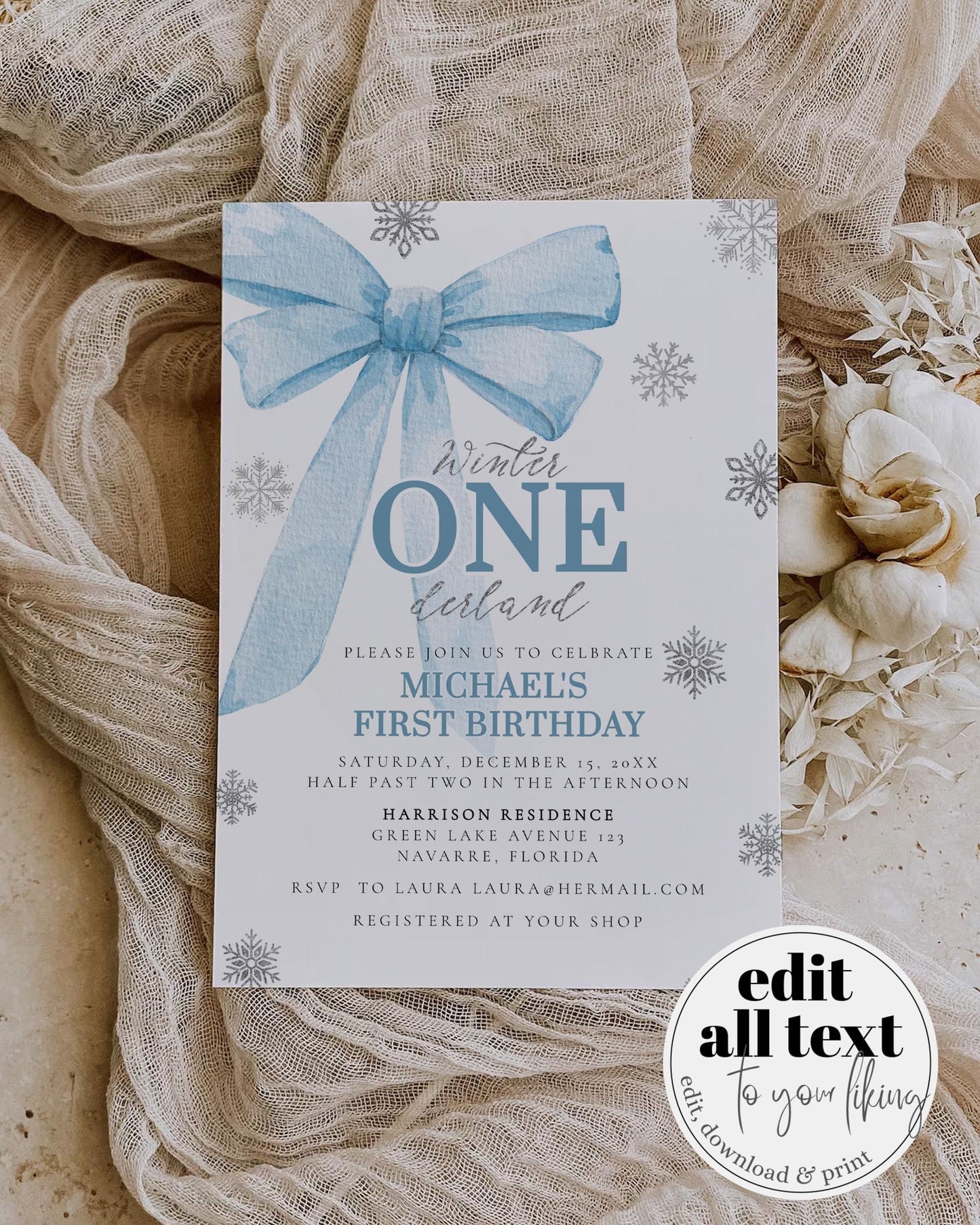 Blue Bow Winter ONEderland 1st Birthday Invitation Christmas Holiday Silver Snowflake 1st Birthday Invite Snowfall Wonderland Template #072 - TheLovebirdsDesign