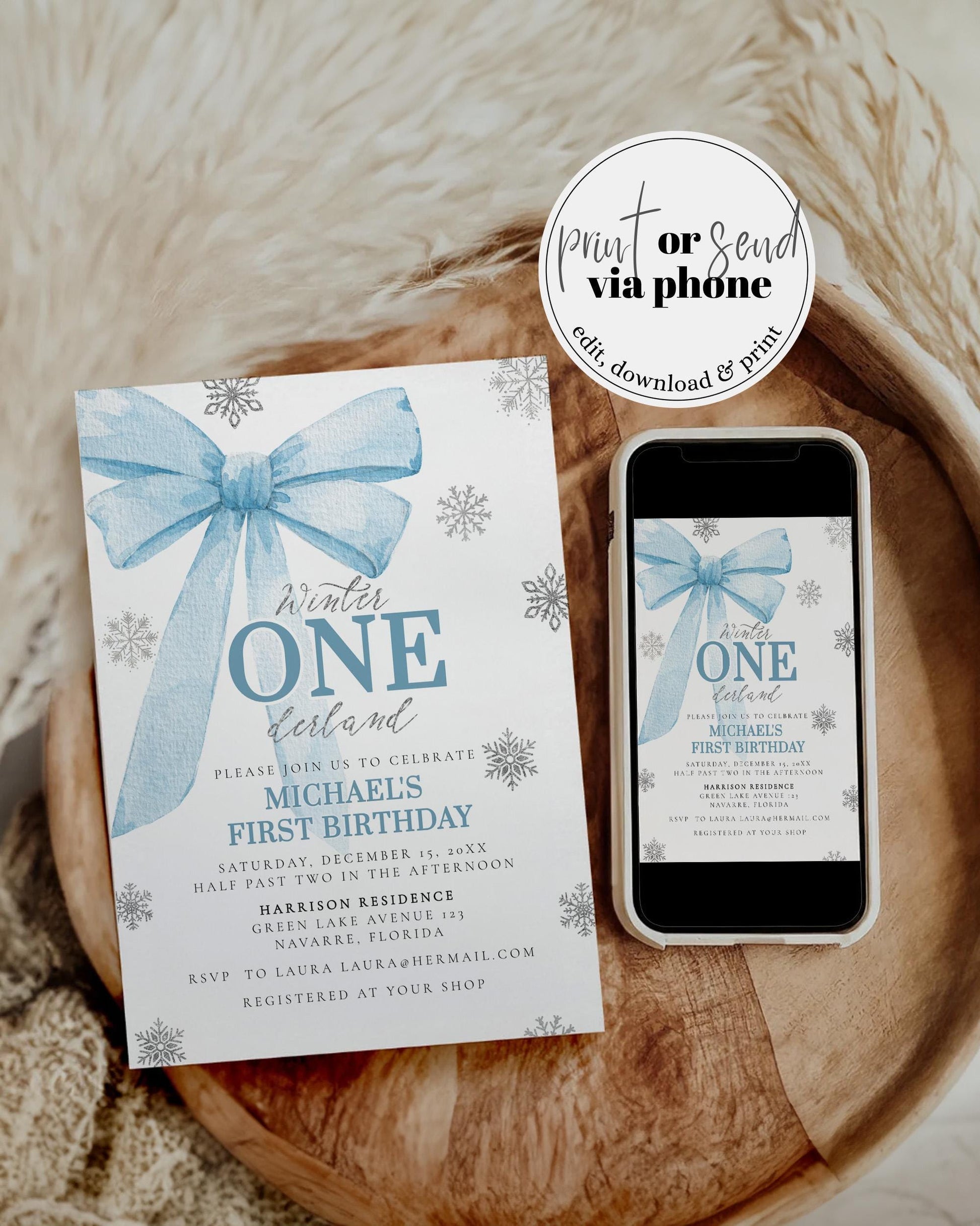 Blue Bow Winter ONEderland 1st Birthday Invitation Christmas Holiday Silver Snowflake 1st Birthday Invite Snowfall Wonderland Template #072 - TheLovebirdsDesign