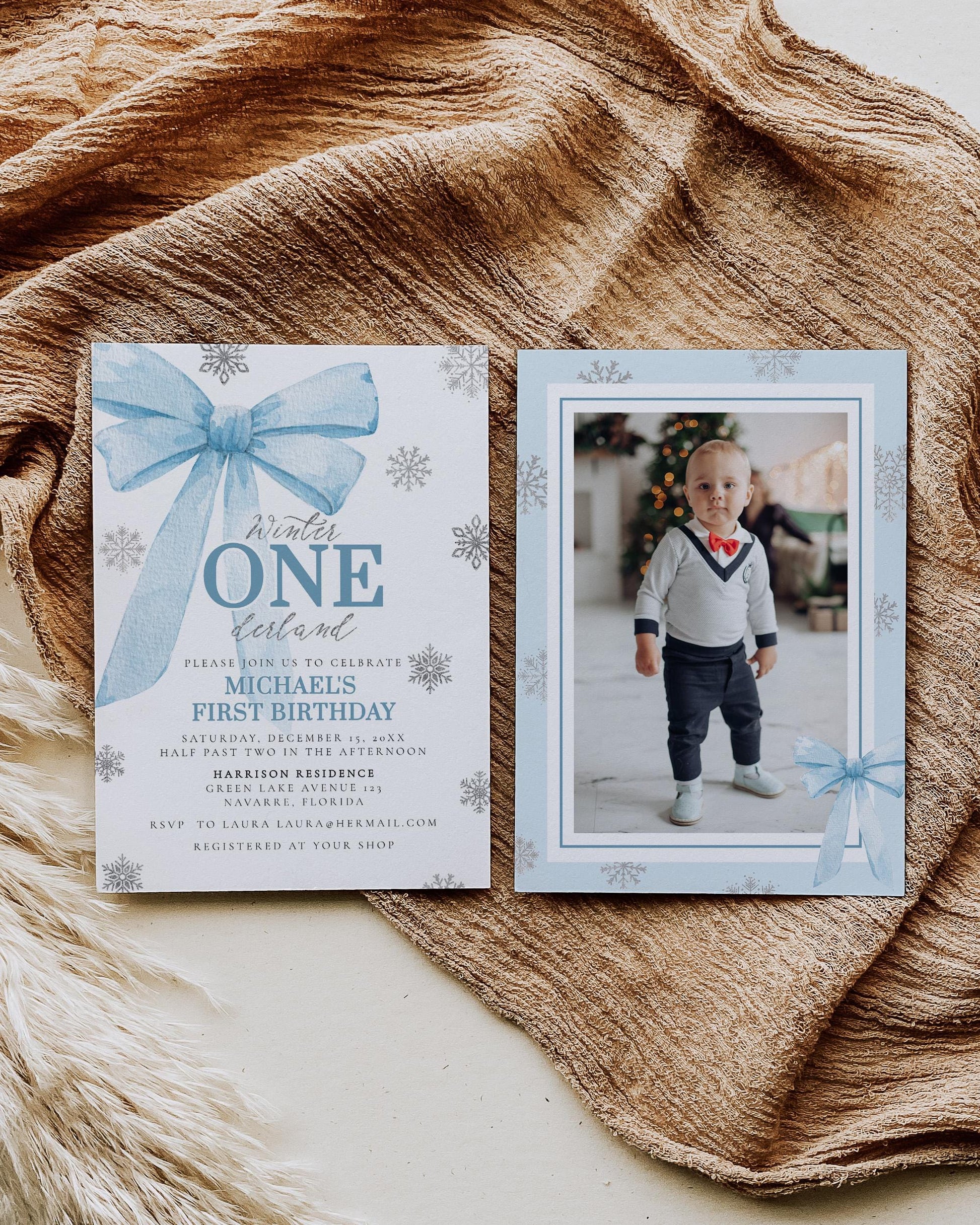 Blue Bow Winter ONEderland 1st Birthday Invitation Christmas Holiday Silver Snowflake 1st Birthday Invite Snowfall Wonderland Template #072 - TheLovebirdsDesign