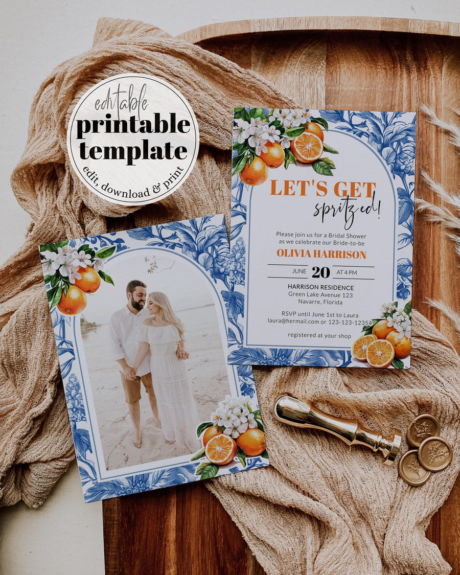 Let’s Get Spritzed Bridal Shower Invitation, Amalfi Orange Spritz Mediterranean Template 102OR-BRINV - marryful.org