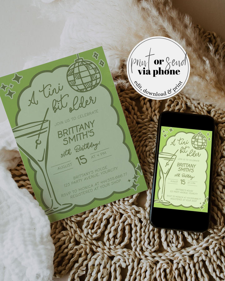 Tini Bit Older 30th Birthday Invitation, Funky Tinis and Bikinis Adult Martini Cocktail Club Party Invite Hand Drawn Wavy Frame Template#070 - TheLovebirdsDesign