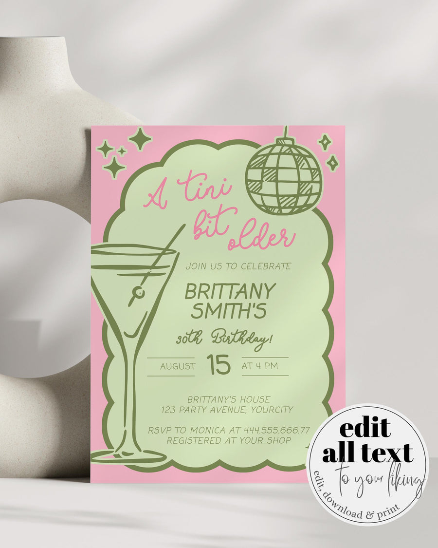 Martini Adult Birthday Invitation, Funky Tini Bit Older 30th Birthday Party Invite Pink Green Cocktail Social Club Hand Drawn Template #070 - marryful.org