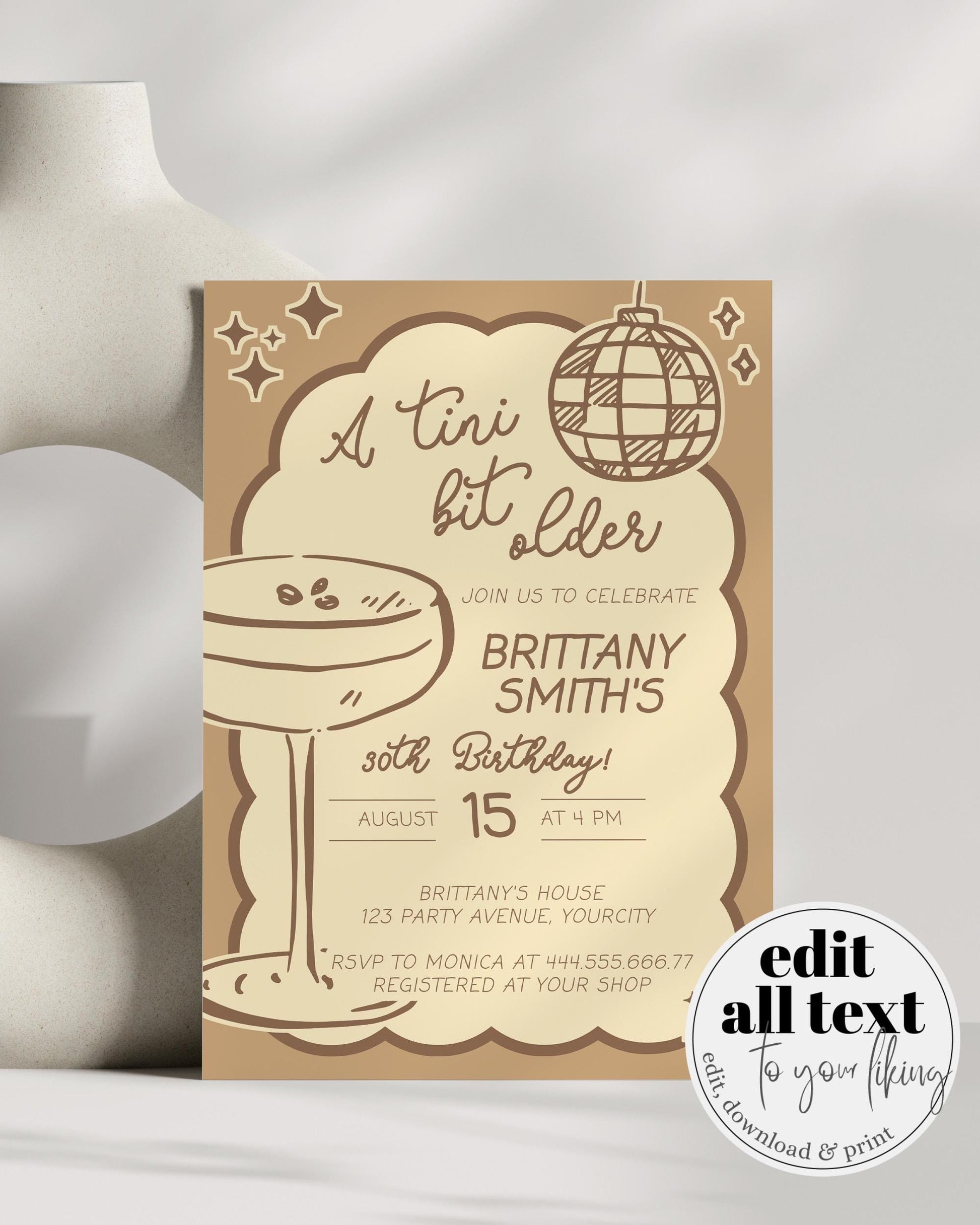 Espresso Martini 30th Birthday Invitation, Tini Bit Older Adult Cocktail Club Birthday Party Invite Hand Drawn Wavy Frame Template #070 - TheLovebirdsDesign