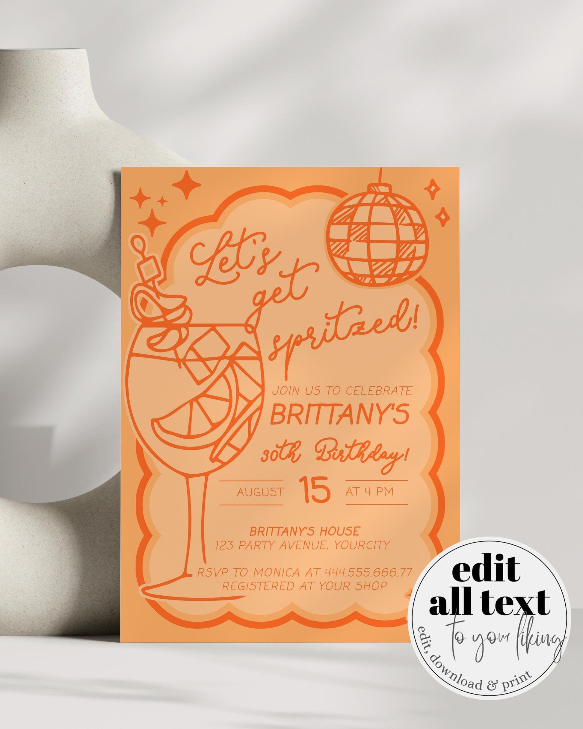 Orange Spritz 30th Birthday Invitation, Lets get Spritzed, Funky Italian Adult Woman Birthday Invite Hand Drawn Wavy Frame Template #070 - TheLovebirdsDesign