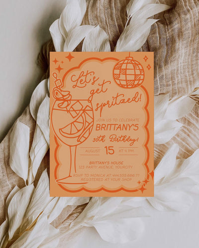 Orange Spritz 30th Birthday Invitation, Lets get Spritzed, Funky Italian Adult Woman Birthday Invite Hand Drawn Wavy Frame Template #070 - marryful.org