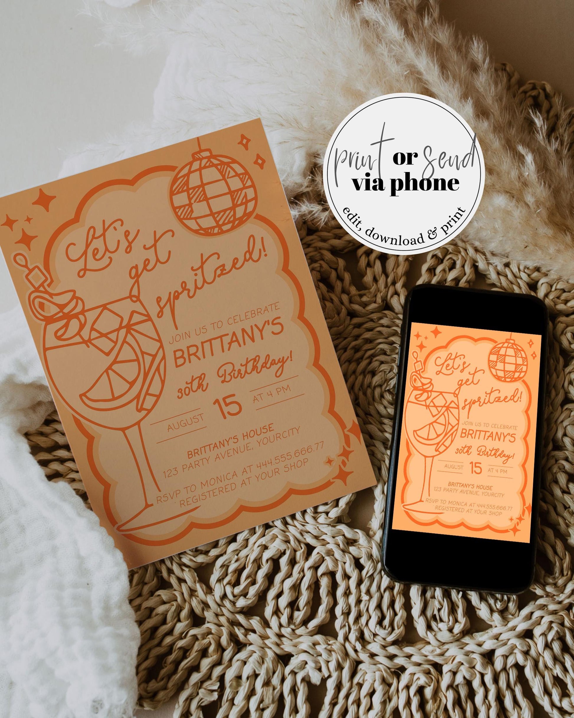 Orange Spritz 30th Birthday Invitation, Lets get Spritzed, Funky Italian Adult Woman Birthday Invite Hand Drawn Wavy Frame Template #070 - TheLovebirdsDesign