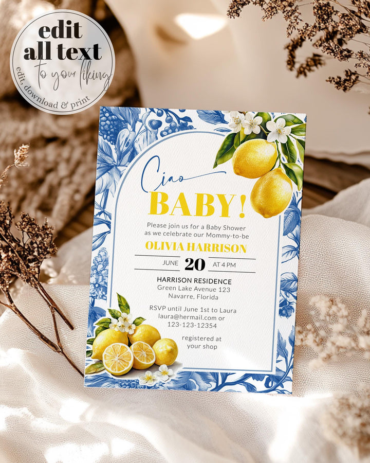 Citrus Lemon Amalfi Coast Baby Shower Invitation, Positano Toile de Jouy Baby Shower Invite Suite Mediterranean Printable Template #072 - TheLovebirdsDesign