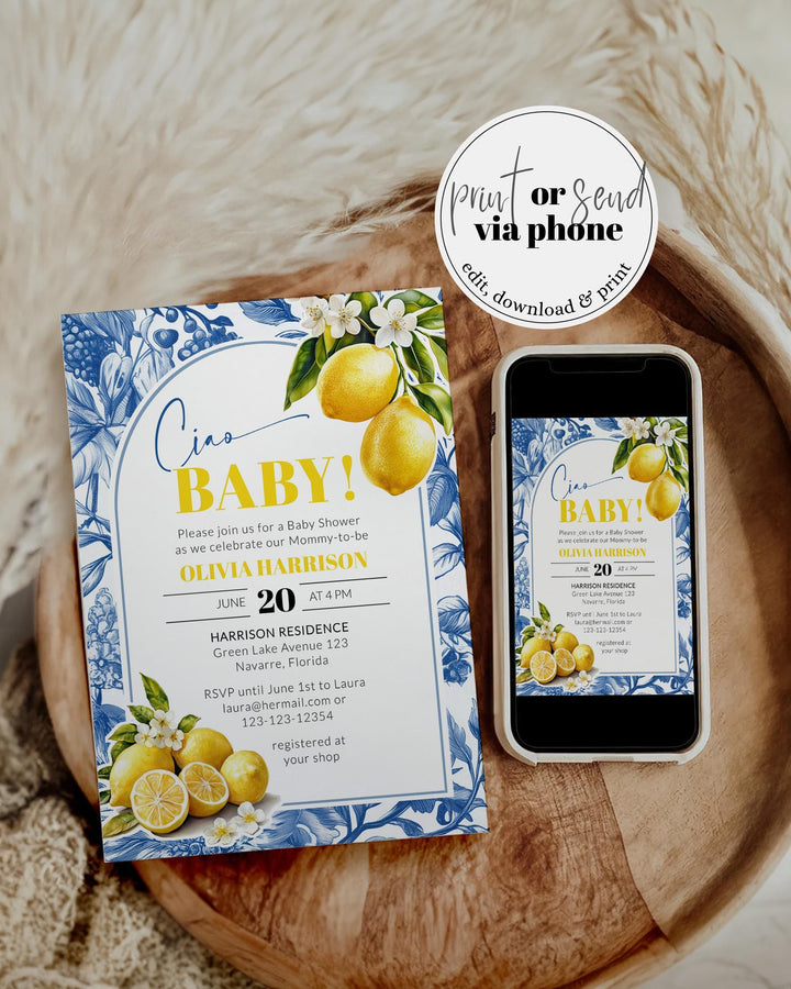 Citrus Lemon Amalfi Coast Baby Shower Invitation, Positano Toile de Jouy Baby Shower Invite Suite Mediterranean Printable Template #072 - TheLovebirdsDesign