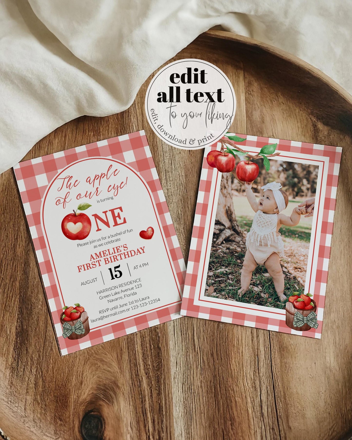 Apple of our Eye 1st Birthday Invitation, Apple Themed First Birthday Invite Girls, Coquette Gingham Decor, ONE Birthday Fall Template #068 - TheLovebirdsDesign