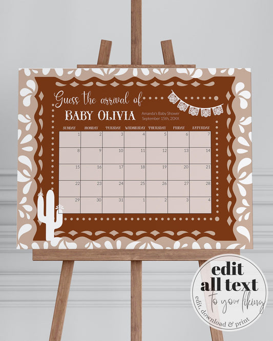 Cielito Lindo Guess Due Date Sign Baby Shower Decor, Mexican Baby Arrival Game Sign Party Decorations, Talavera Papel Picado Template #067 - TheLovebirdsDesign