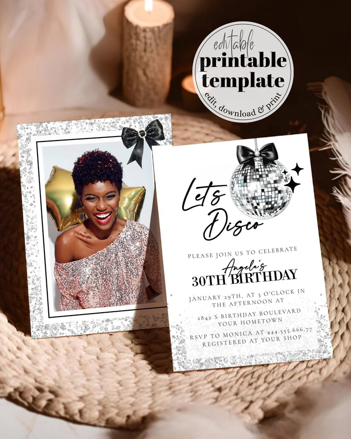 Modern Disco Ball Black Bow Birthday Invitation, Funky Bow Pearls Discoball 30th Birthday Invitation, Adult Party Printable Template #072 - TheLovebirdsDesign