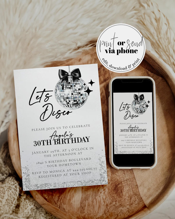 Modern Disco Ball Black Bow Birthday Invitation, Funky Bow Pearls Discoball 30th Birthday Invitation, Adult Party Printable Template #072 - TheLovebirdsDesign