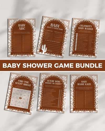 Cielito Lindo Baby Shower Game Bundle, Editable Gender Neutral Mexican themed Baby Party Games, White Talavera Papel Picado Template #067 - TheLovebirdsDesign