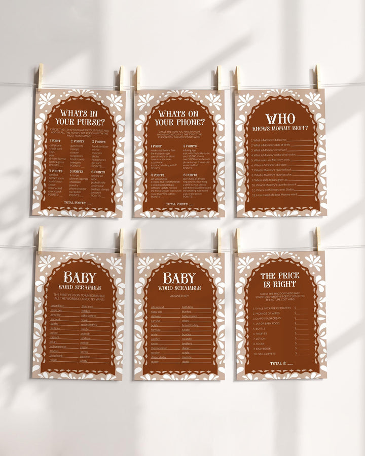Cielito Lindo Baby Shower Game Bundle, Editable Gender Neutral Mexican themed Baby Party Games, White Talavera Papel Picado Template #067 - TheLovebirdsDesign