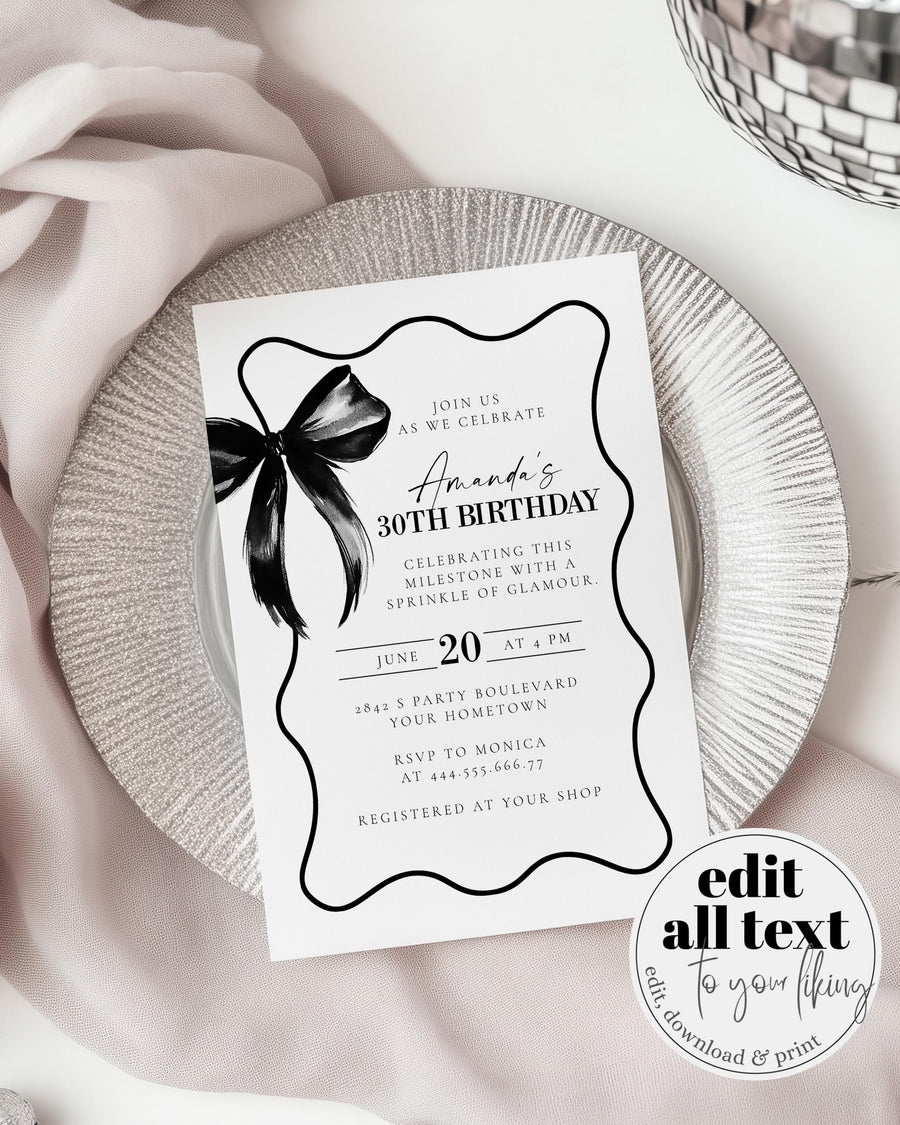 Black Bow Birthday Invitation for Adults, Classy Coquette Bow 30th Birthday Invite Women, Cottagecore Wavy Frame Printable Template #072 - marryful.org