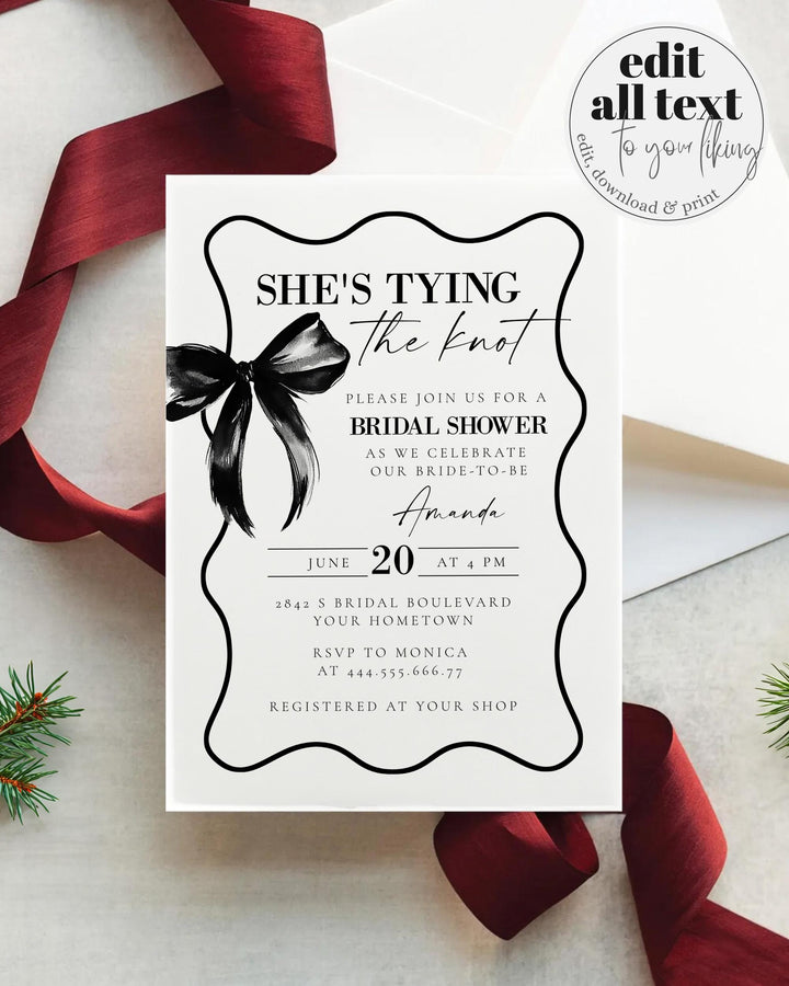 She's tying the knot Black Bow Bridal Shower Invitation with Wavy Frame, Simple Classy Coquette Bow Bridal Shower Invite Template #072 - TheLovebirdsDesign