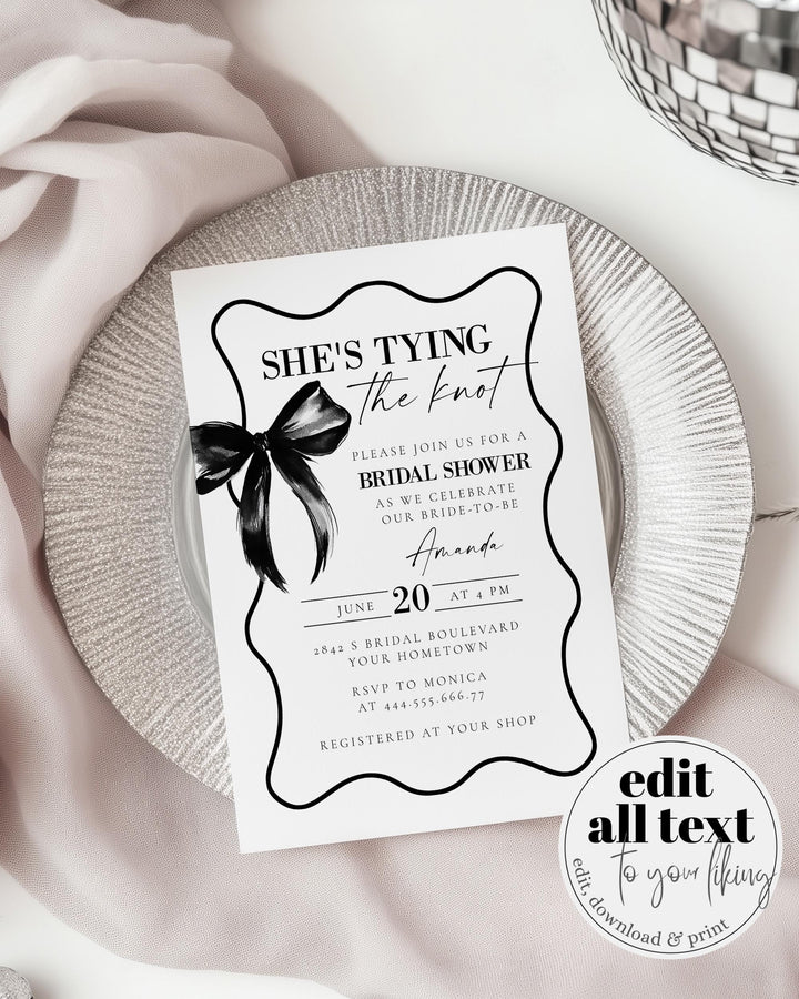 She's tying the knot Black Bow Bridal Shower Invitation with Wavy Frame, Simple Classy Coquette Bow Bridal Shower Invite Template #072 - TheLovebirdsDesign