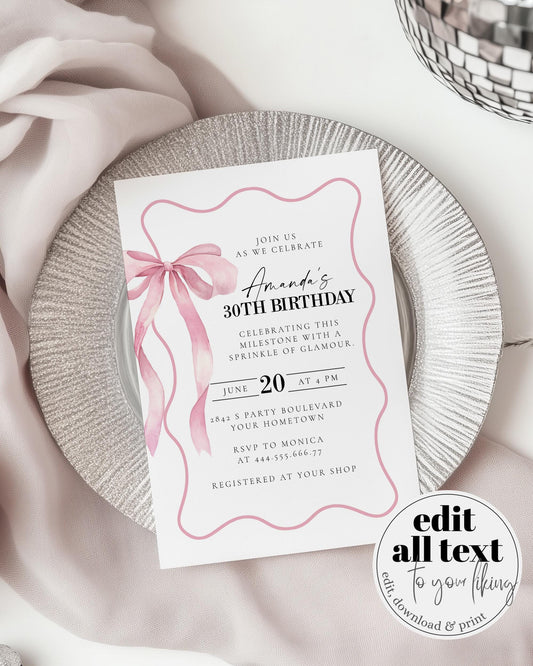 Pink Bow Birthday Invitation for Adults, Classy Coquette Pink Bow 30th Birthday Invite Women, Cottagecore Wavy Frame Printable Template #072 - TheLovebirdsDesign