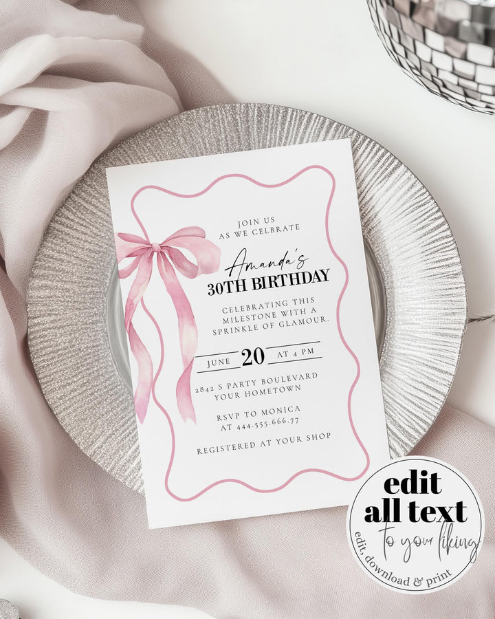 Pink Bow Birthday Invitation for Adults, Classy Coquette Pink Bow 30th Birthday Invite Women, Cottagecore Wavy Frame Printable Template #072 - TheLovebirdsDesign