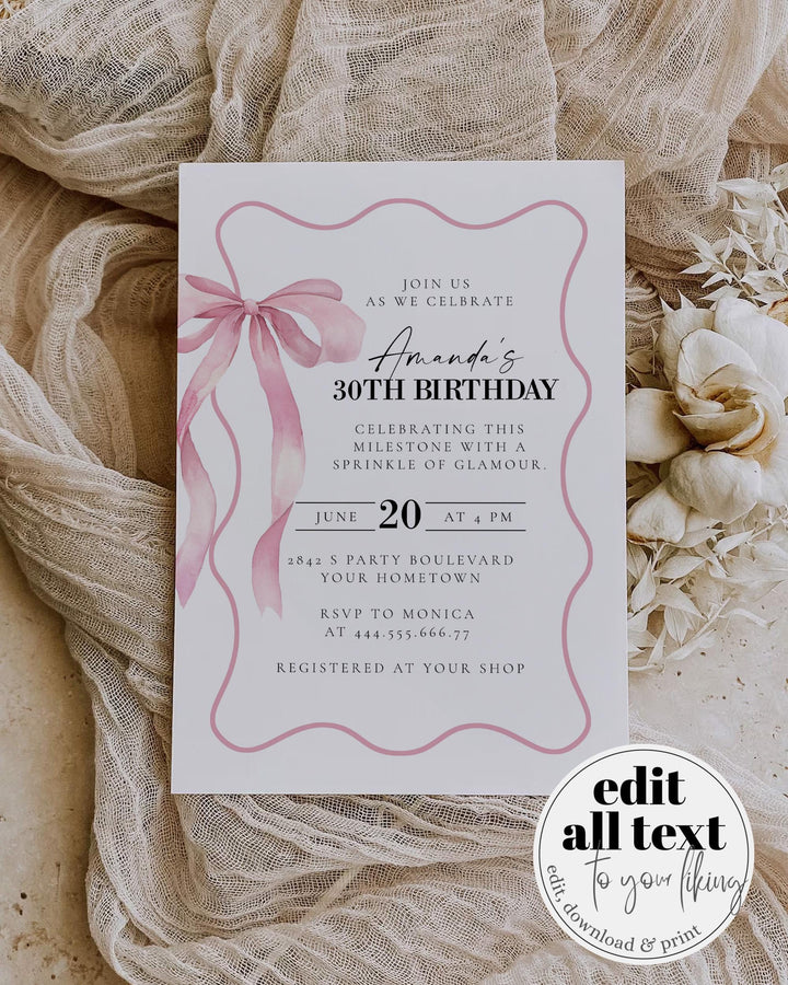 Pink Bow Birthday Invitation for Adults, Classy Coquette Pink Bow 30th Birthday Invite Women, Cottagecore Wavy Frame Printable Template #072 - TheLovebirdsDesign