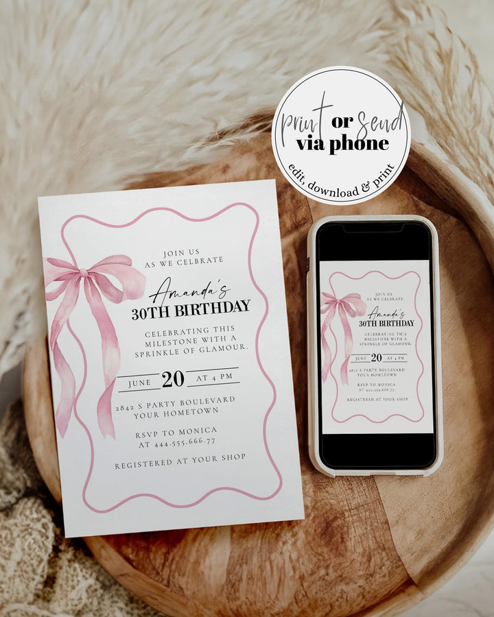 Pink Bow Birthday Invitation for Adults, Classy Coquette Pink Bow 30th Birthday Invite Women, Cottagecore Wavy Frame Printable Template #072 - TheLovebirdsDesign