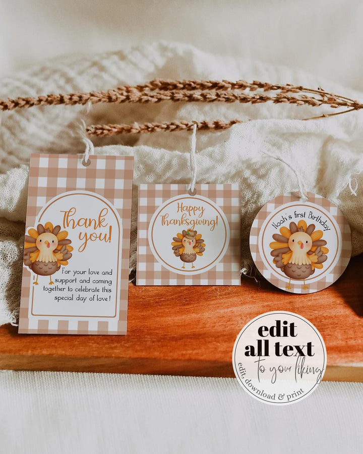 Thanksgiving Turkey Thank you Tags, Little Turkey is Turning One Favor Tags, Editable 1st Birthday Party Sticker, Fall Autumn Template #068 - TheLovebirdsDesign