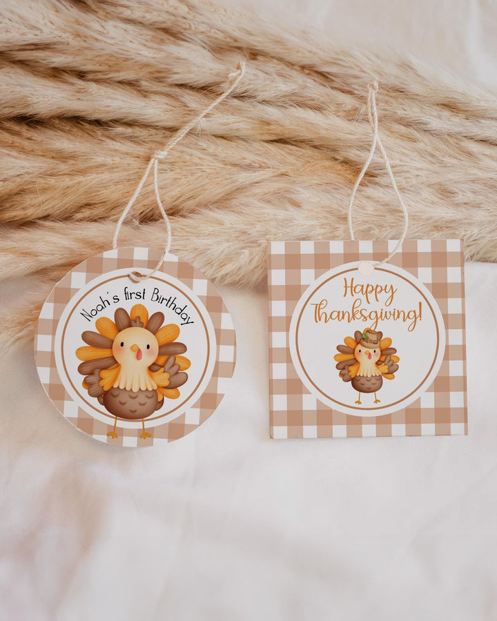 Thanksgiving Turkey Thank you Tags, Little Turkey is Turning One Favor Tags, Editable 1st Birthday Party Sticker, Fall Autumn Template #068 - TheLovebirdsDesign