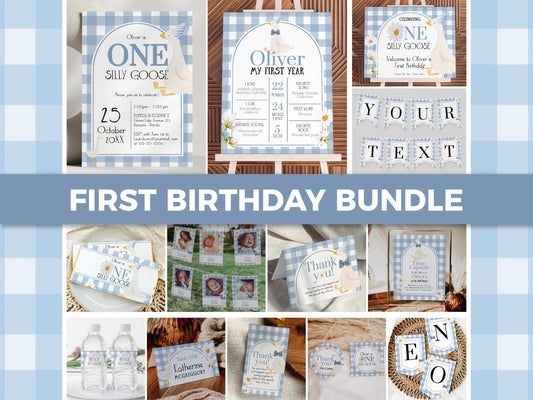 Blue One Silly Goose First Birthday Bundle, Silly Goose 1st Birthday Suite Blue Little Goose Cottagecore Theme Party Decor Template #068 - TheLovebirdsDesign