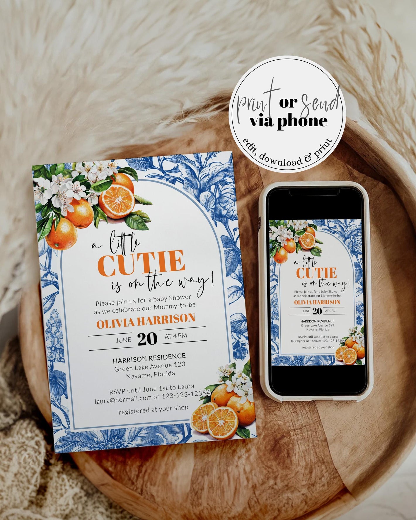 Little Cutie is on it's way Citrus Orange Amalfi Coast Baby Shower Invitation, Toile de Jouy Mediterranean Baby Shower Invite Suite #072 - TheLovebirdsDesign