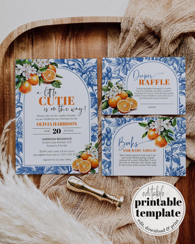 Little Cutie is on it's way Citrus Orange Amalfi Coast Baby Shower Invitation, Toile de Jouy Mediterranean Baby Shower Invite Suite #072 - TheLovebirdsDesign